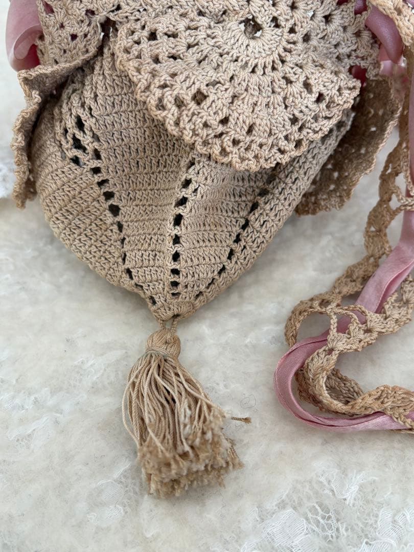 フランスアンティーク かぎ針編み かごバッグ ベージュ