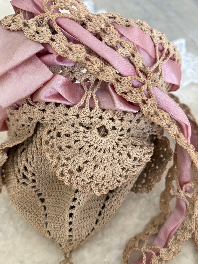 フランスアンティーク かぎ針編み かごバッグ ベージュ