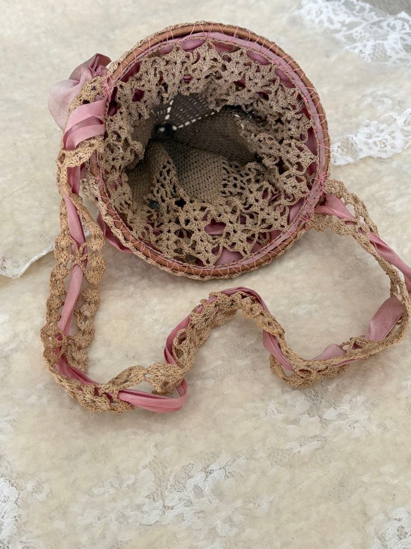 フランスアンティーク かぎ針編み かごバッグ ベージュ