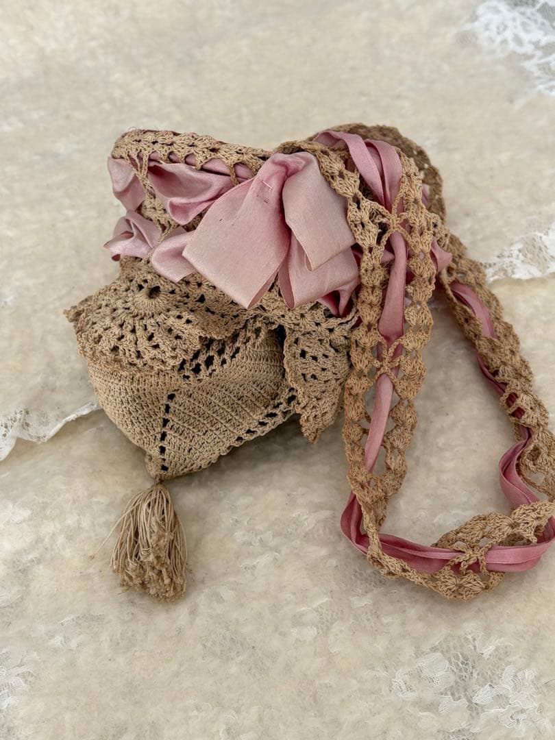 フランスアンティーク かぎ針編み かごバッグ ベージュ