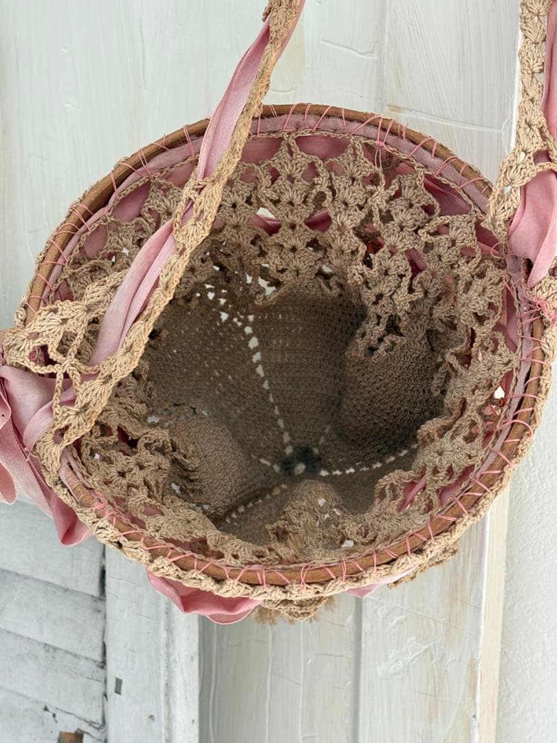 フランスアンティーク かぎ針編み かごバッグ ベージュ