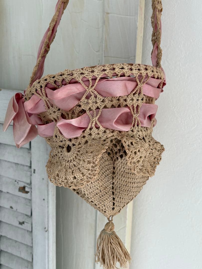 フランスアンティーク かぎ針編み かごバッグ ベージュ