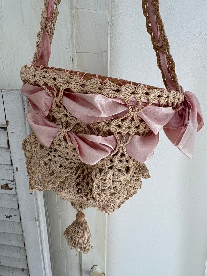 フランスアンティーク かぎ針編み かごバッグ ベージュ