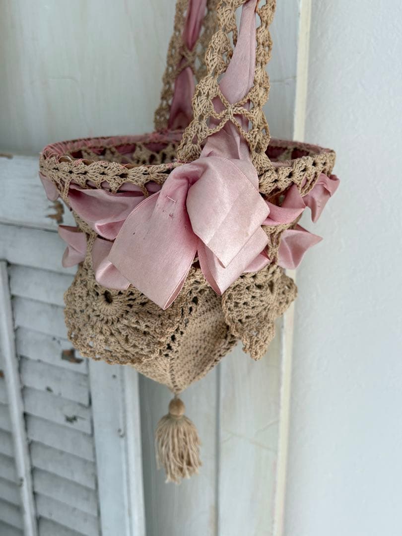 フランスアンティーク かぎ針編み かごバッグ ベージュ