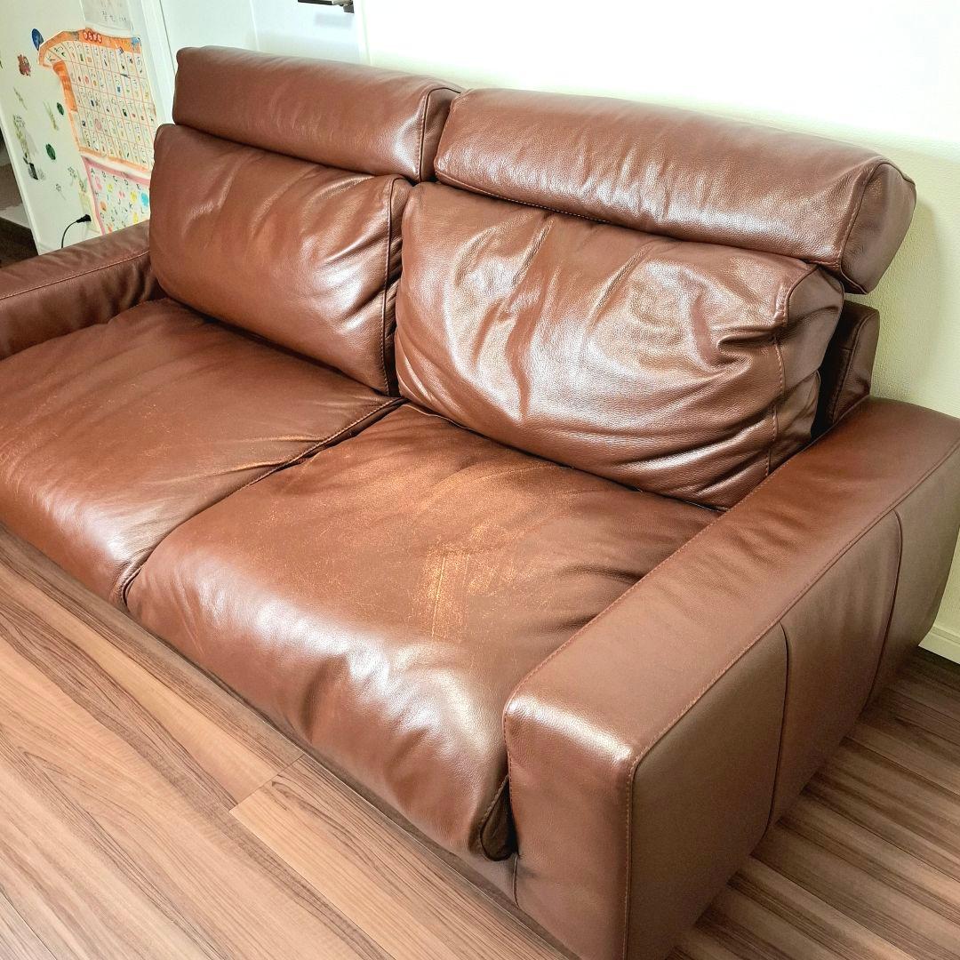 無印良品 ソファ 2.5シーターレザーフェザー ブラウン ヘッドレスト付 送料込