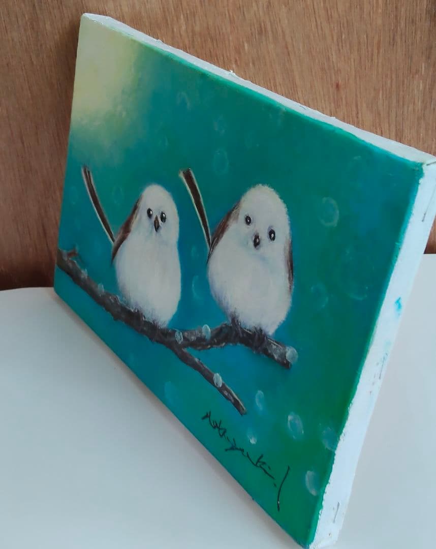 油絵　森の小宇宙（シマエナガ) 洋画家 池畠 史幸 新作.真筆画