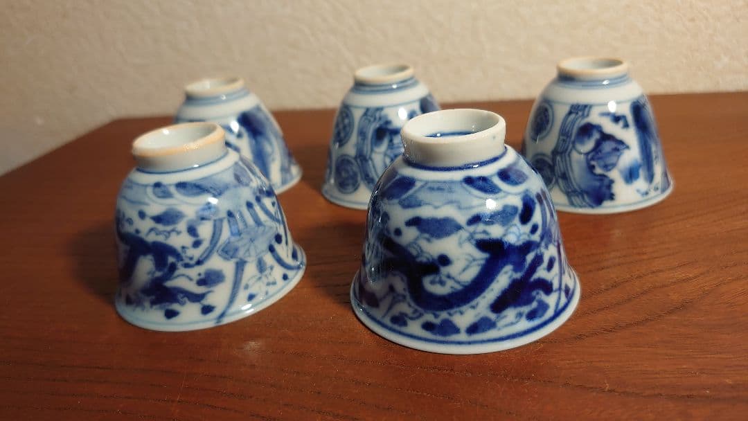 李朝　煎茶碗　染付　九谷焼　龍の図　古染付　アンティーク伊万里　５客