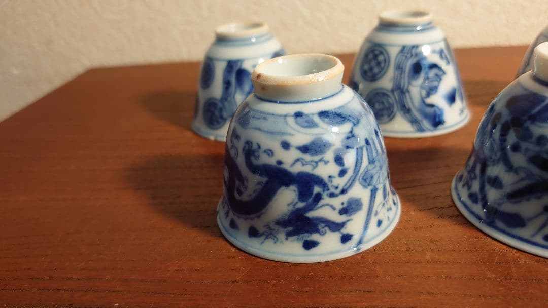 李朝　煎茶碗　染付　九谷焼　龍の図　古染付　アンティーク伊万里　５客