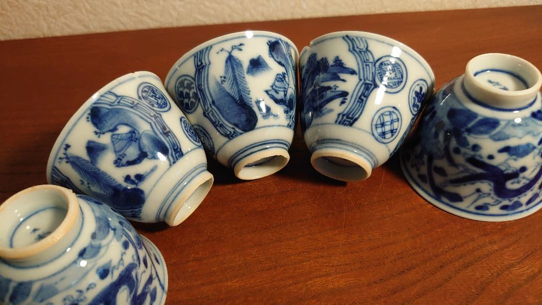 李朝　煎茶碗　染付　九谷焼　龍の図　古染付　アンティーク伊万里　５客