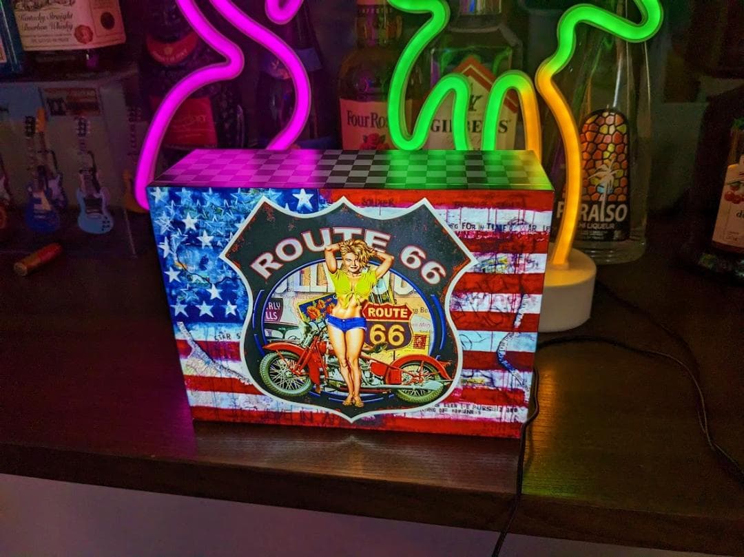アメリカン バイク ルート66 星条旗 看板 置物 雑貨 ライトBOX 電飾看板