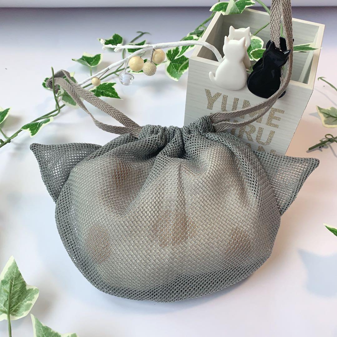 予約品　ネコ耳　メッシュ巾着　グレー　おふろ　サウナ　サウナハット