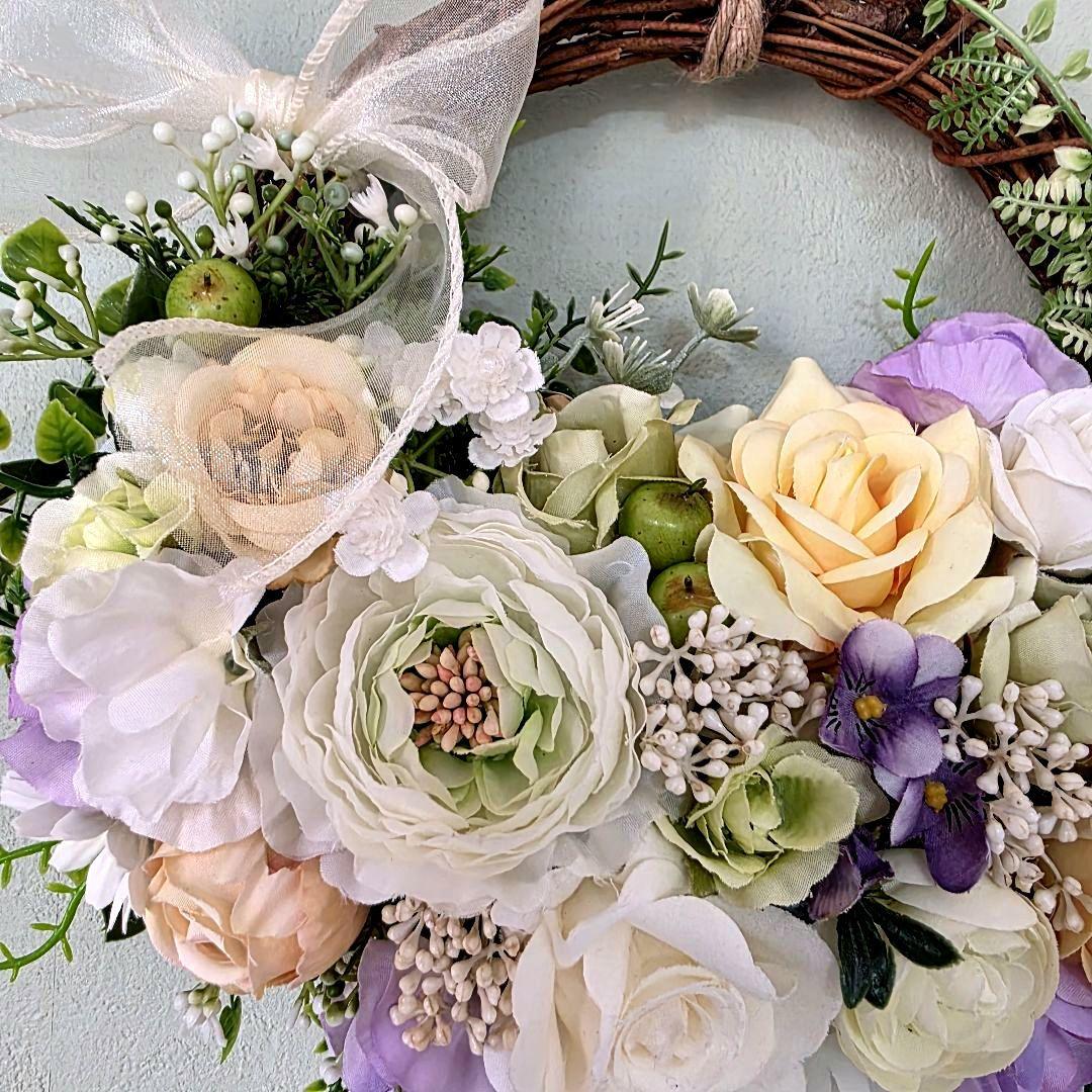 フラワーリース 春の足音5 咲き誇る花たちの花かご 玄関リース 造花