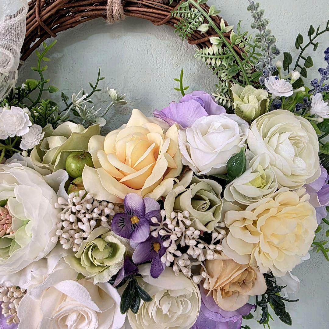 フラワーリース 春の足音5 咲き誇る花たちの花かご 玄関リース 造花