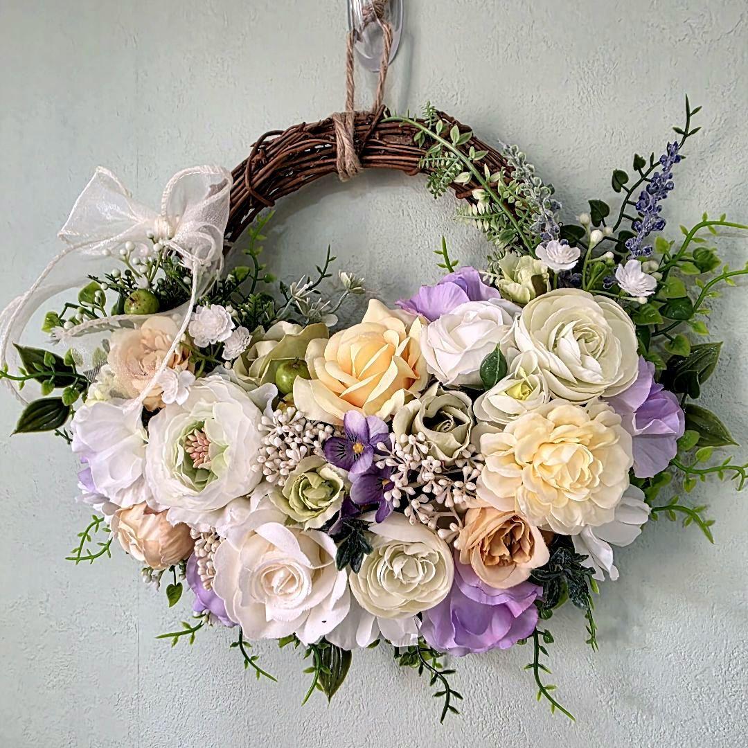 フラワーリース 春の足音5 咲き誇る花たちの花かご 玄関リース 造花