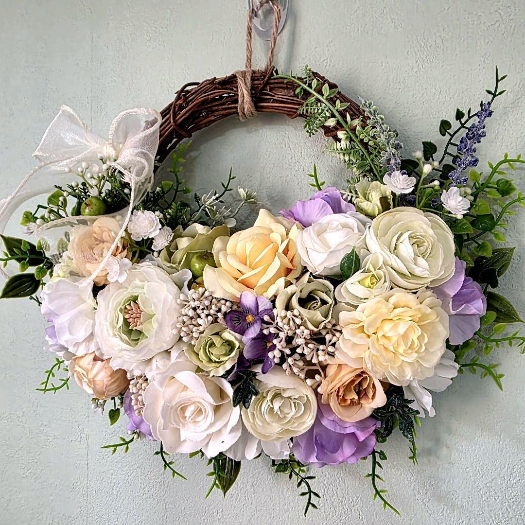 フラワーリース 春の足音5 咲き誇る花たちの花かご 玄関リース 造花
