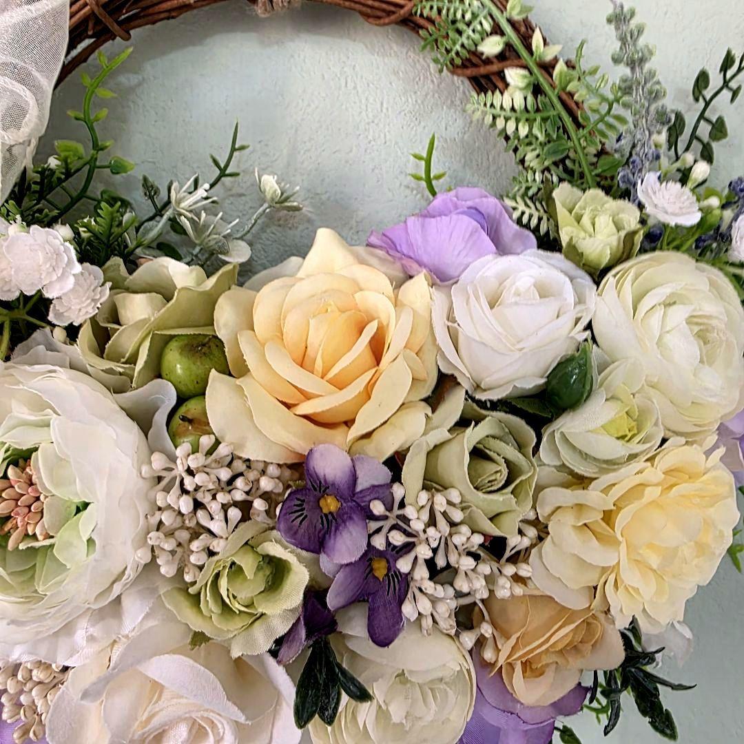 フラワーリース 春の足音5 咲き誇る花たちの花かご 玄関リース 造花