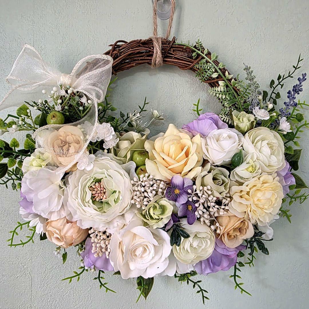 フラワーリース 春の足音5 咲き誇る花たちの花かご 玄関リース 造花