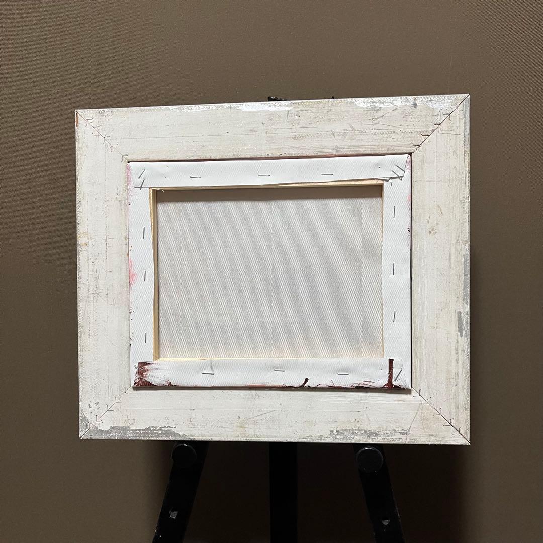 手書き油絵 山道と湖 額付 肉筆絵画 インテリア 油彩画