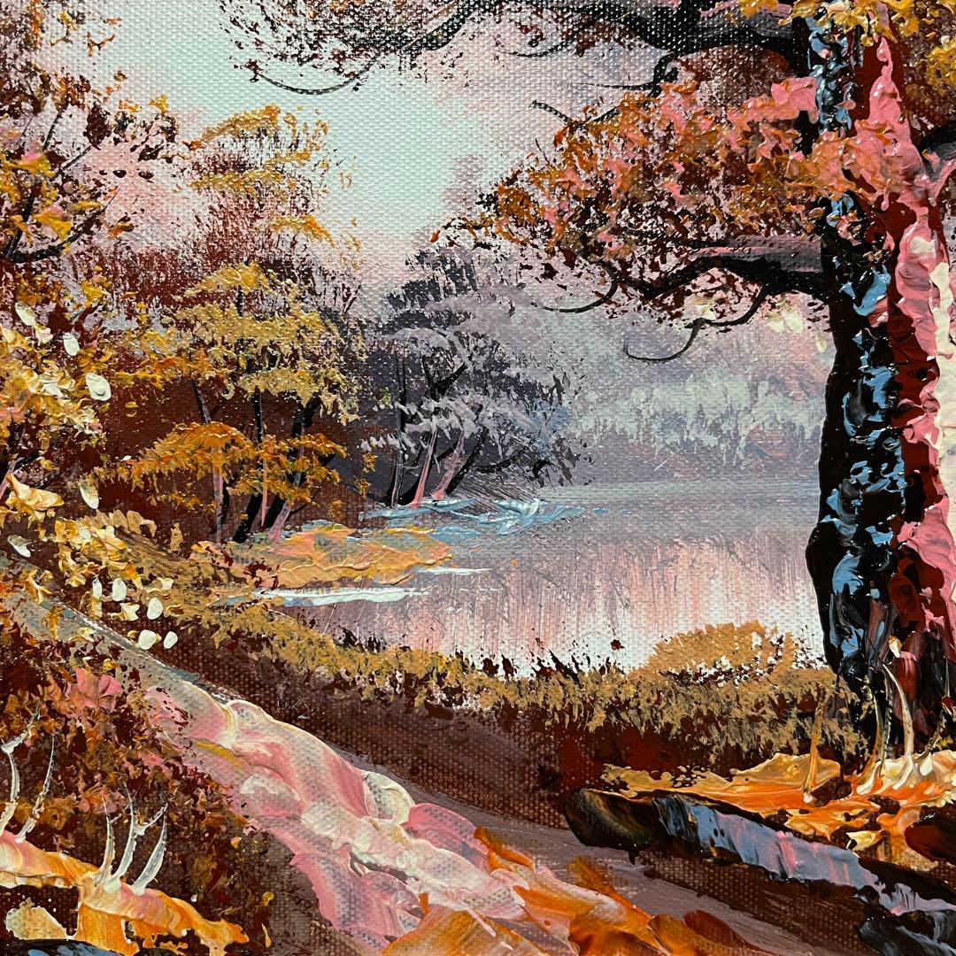 手書き油絵 山道と湖 額付 肉筆絵画 インテリア 油彩画