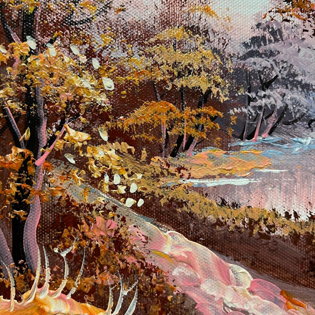 手書き油絵 山道と湖 額付 肉筆絵画 インテリア 油彩画