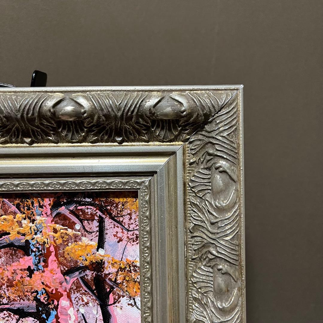 手書き油絵 山道と湖 額付 肉筆絵画 インテリア 油彩画