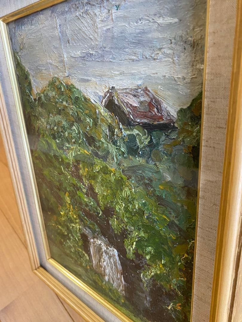 油彩画 緑の風景 金色フレーム