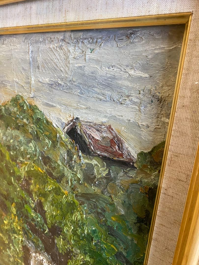 油彩画 緑の風景 金色フレーム