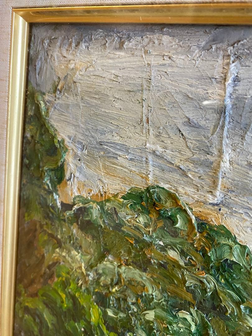 油彩画 緑の風景 金色フレーム