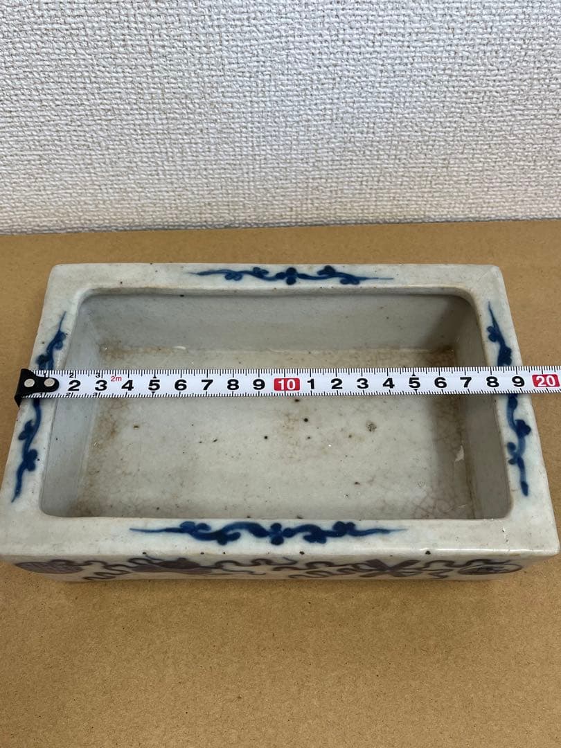 中国美術清時代 青花花卉丸文長方水盤 唐物水盤 植木鉢 盆栽鉢 盆器