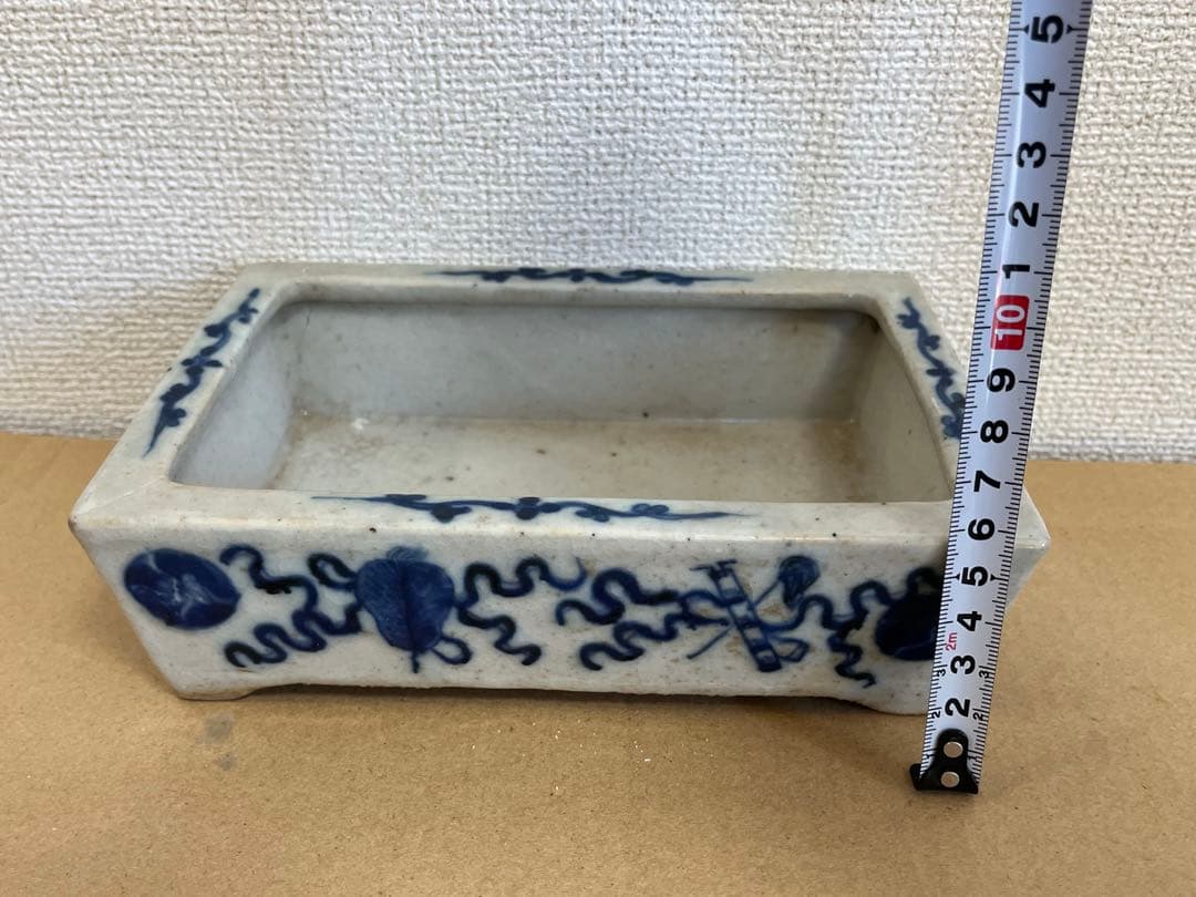 中国美術清時代 青花花卉丸文長方水盤 唐物水盤 植木鉢 盆栽鉢 盆器