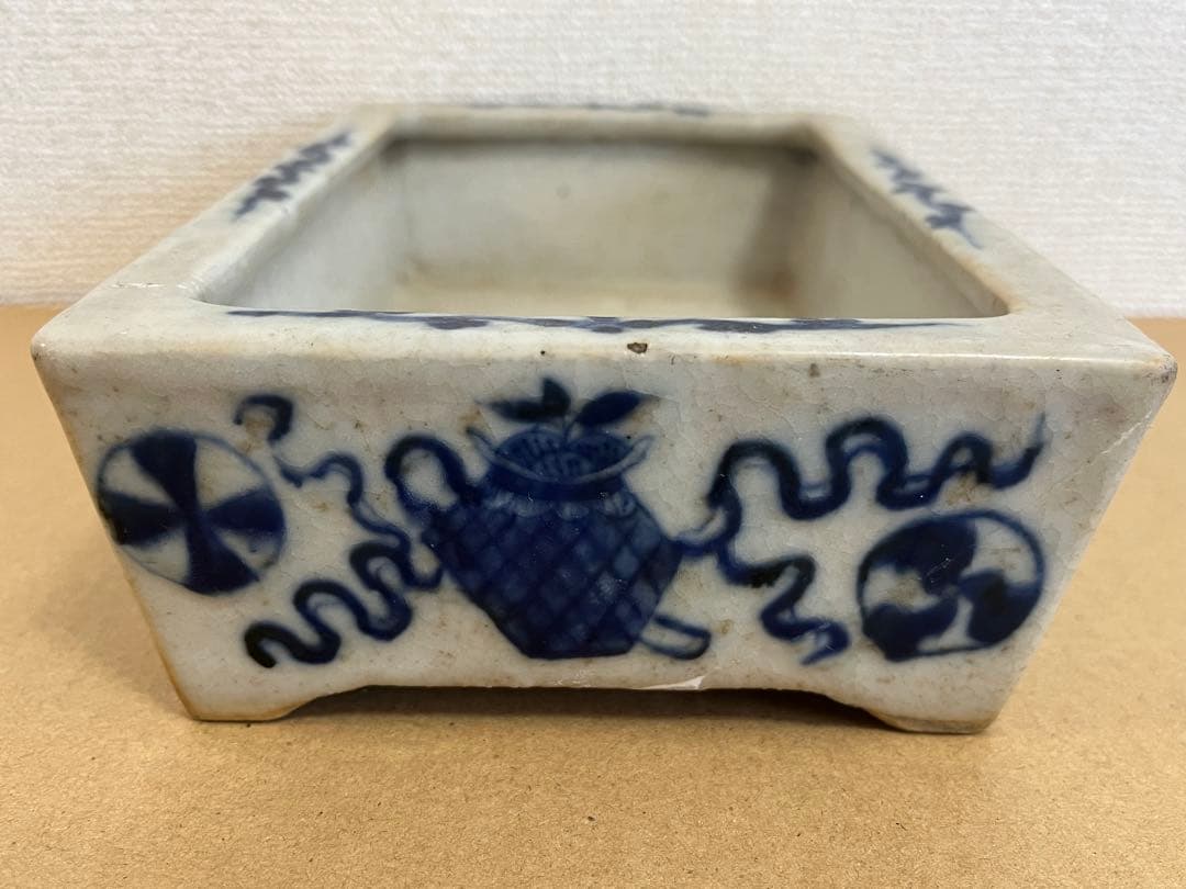 中国美術清時代 青花花卉丸文長方水盤 唐物水盤 植木鉢 盆栽鉢 盆器
