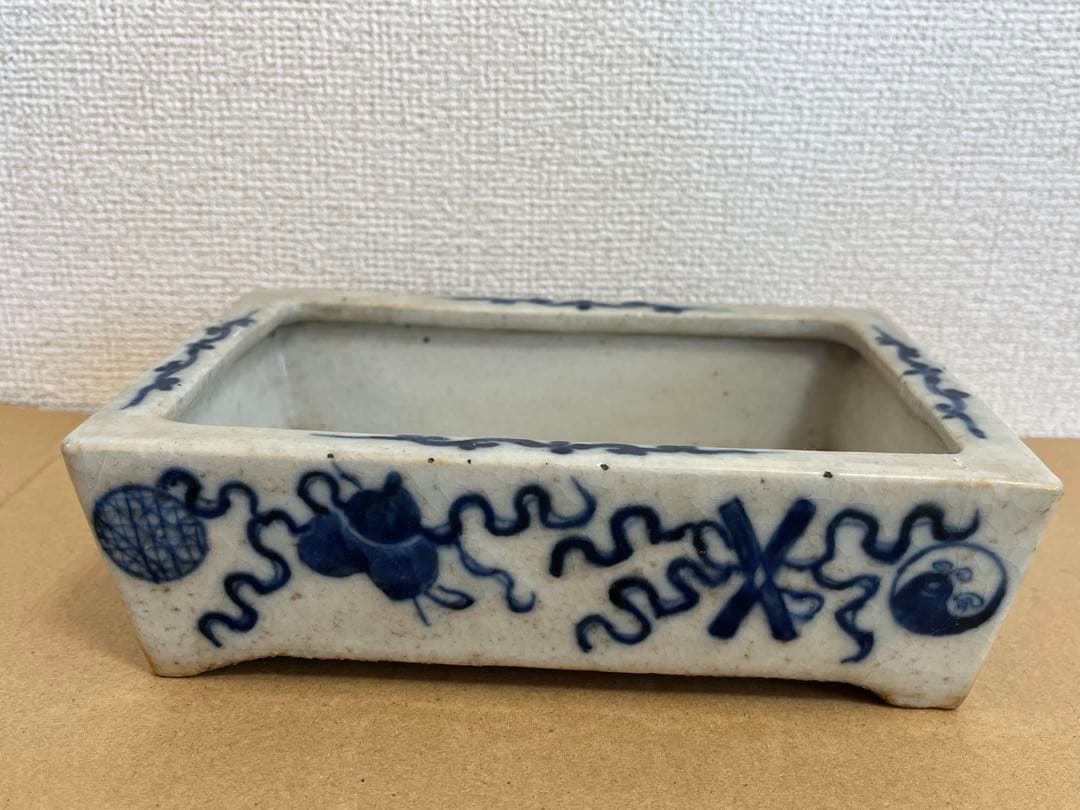 中国美術清時代 青花花卉丸文長方水盤 唐物水盤 植木鉢 盆栽鉢 盆器