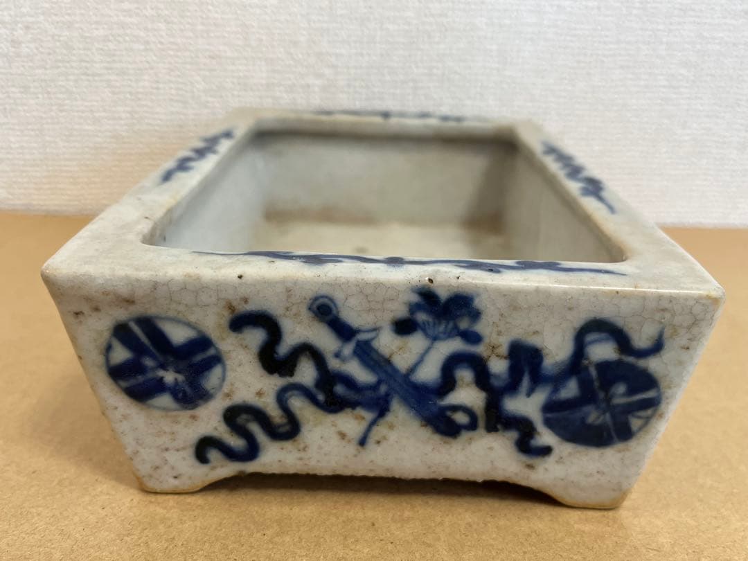 中国美術清時代 青花花卉丸文長方水盤 唐物水盤 植木鉢 盆栽鉢 盆器