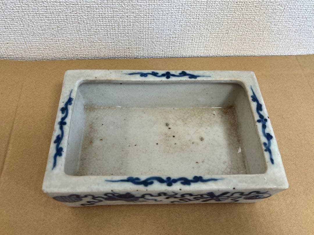 中国美術清時代 青花花卉丸文長方水盤 唐物水盤 植木鉢 盆栽鉢 盆器