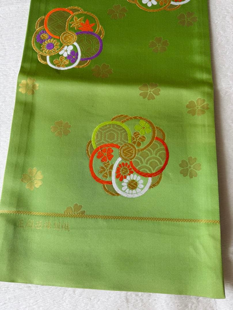 七五三に★逸品　西陣織　正絹ひわ色に捻り梅　袋帯　子供用　ジュニア