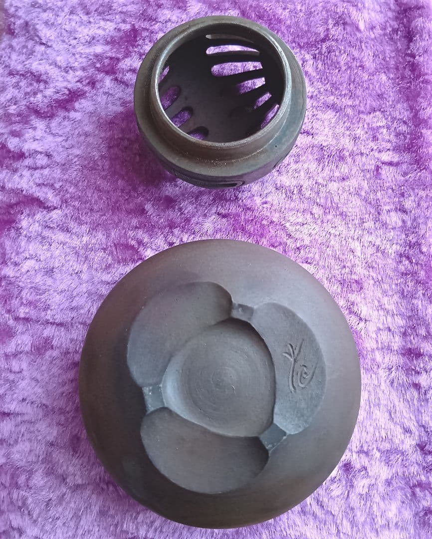 骨董品 備前焼 香炉 左直勝（さじきまさる）陶印 茶道具 透かし香炉 極美品‼️