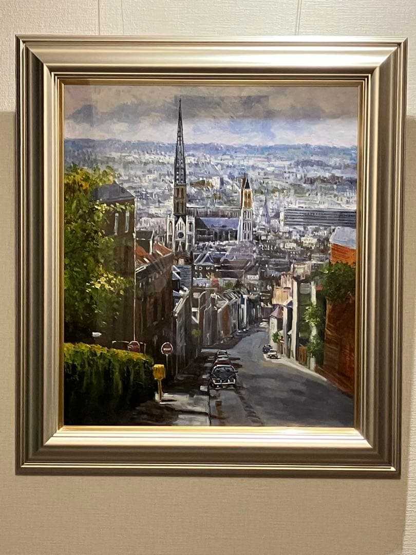 風景画 油彩画 ルーアンの坂道 藤原英信 肉筆 10号 F10 真作 直筆サイン