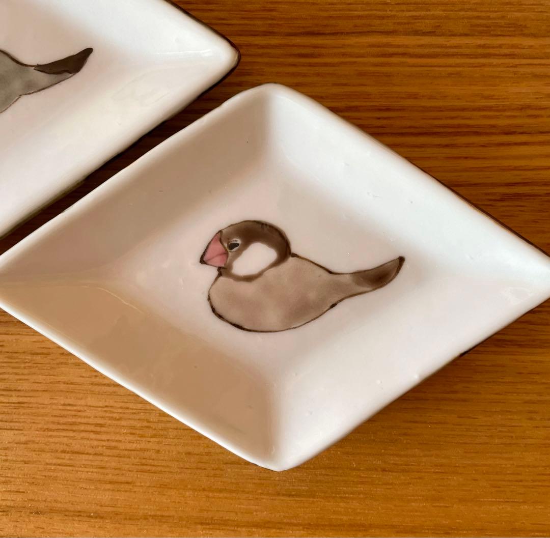 【未使用品】内村七生 桜文鳥 シナモン文鳥 シルバー文鳥 菱形豆皿　3点セット