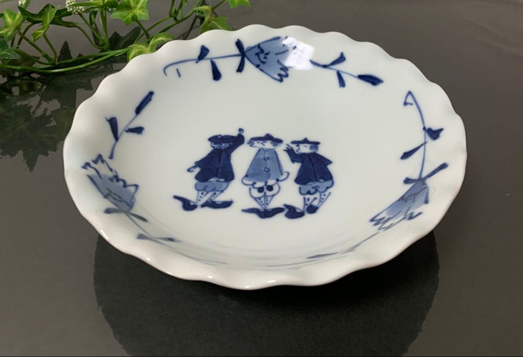 しん窯　青花　三人異人　輪花　深小皿　5枚
