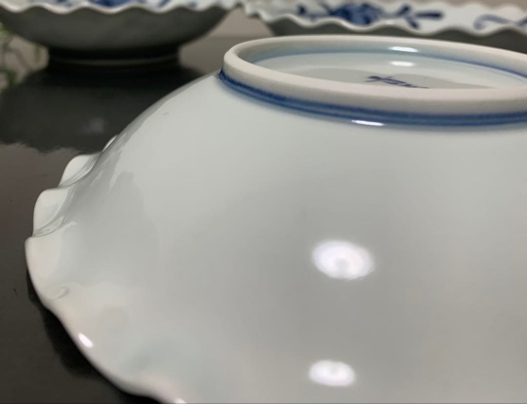 しん窯　青花　三人異人　輪花　深小皿　5枚