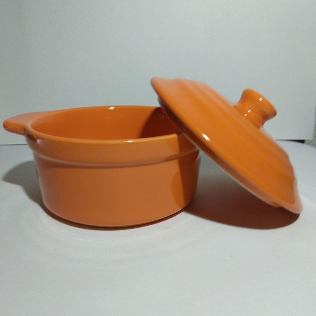 オレンジ色 蓋つき煮物椀 陶器製
