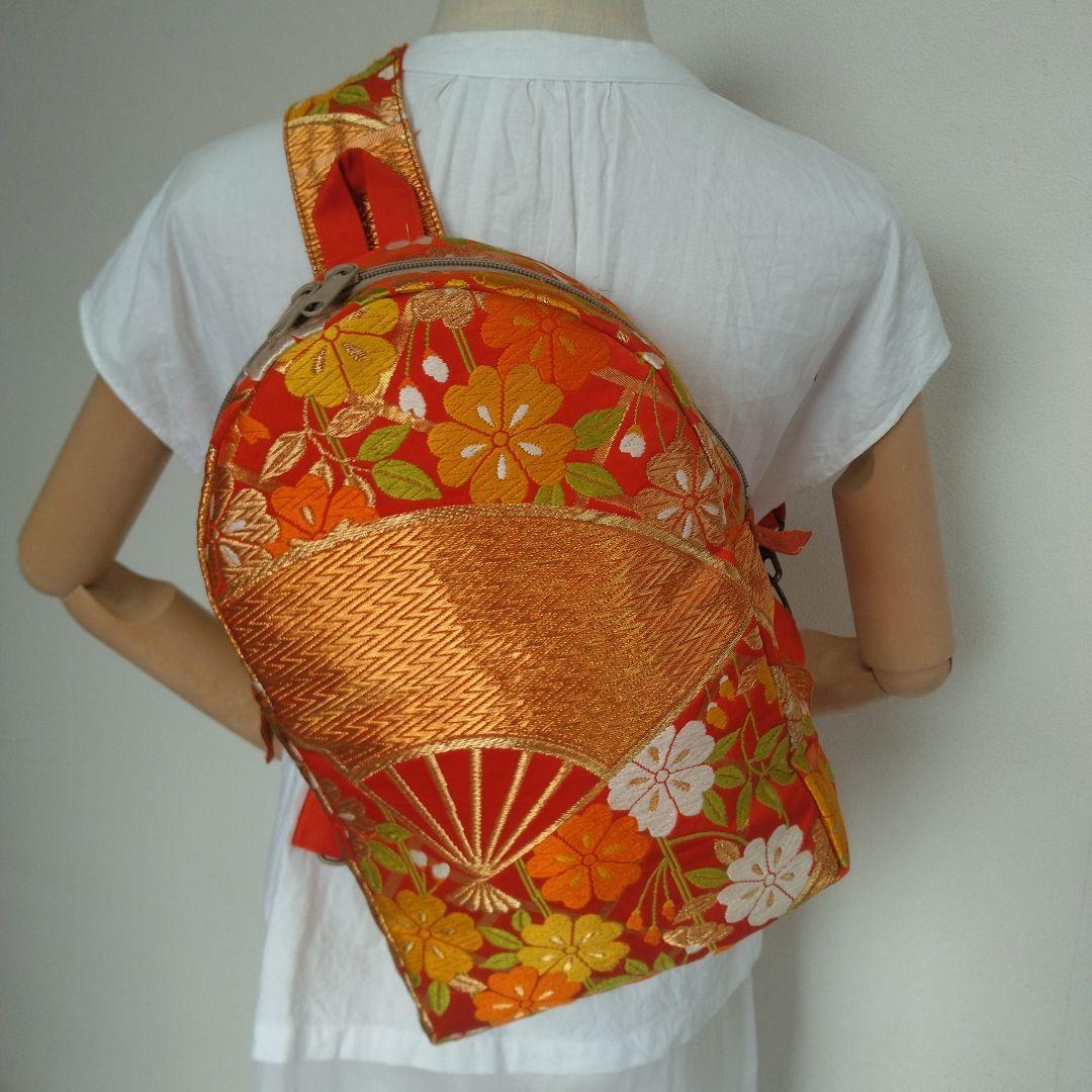 帯リメイク　ボディバッグ　扇と花　　　 　着物メイク