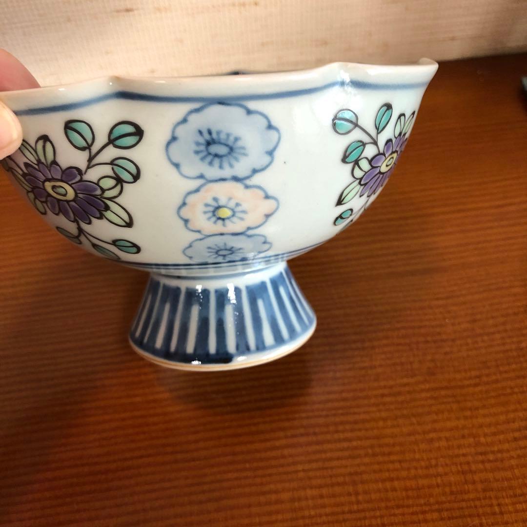 有田焼 六代走波 染錦 輪花文高杯鉢