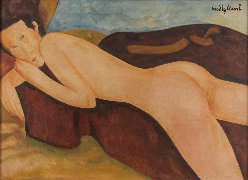 モディリアーニ　油彩　肉筆『横たわる裸婦』サイン　画廊シール　P8　額　b698