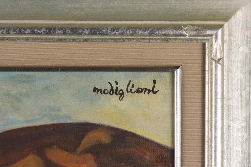 モディリアーニ　油彩　肉筆『横たわる裸婦』サイン　画廊シール　P8　額　b698