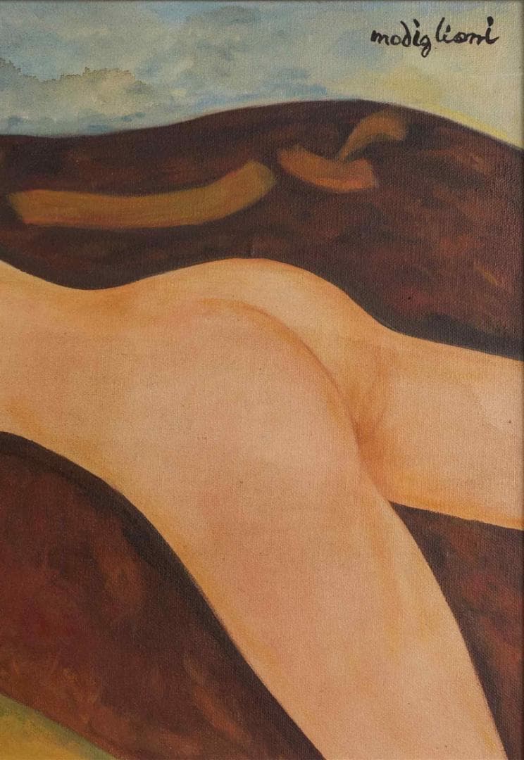 モディリアーニ　油彩　肉筆『横たわる裸婦』サイン　画廊シール　P8　額　b698