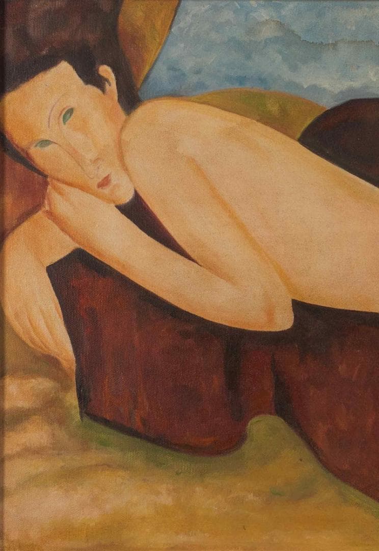 モディリアーニ　油彩　肉筆『横たわる裸婦』サイン　画廊シール　P8　額　b698