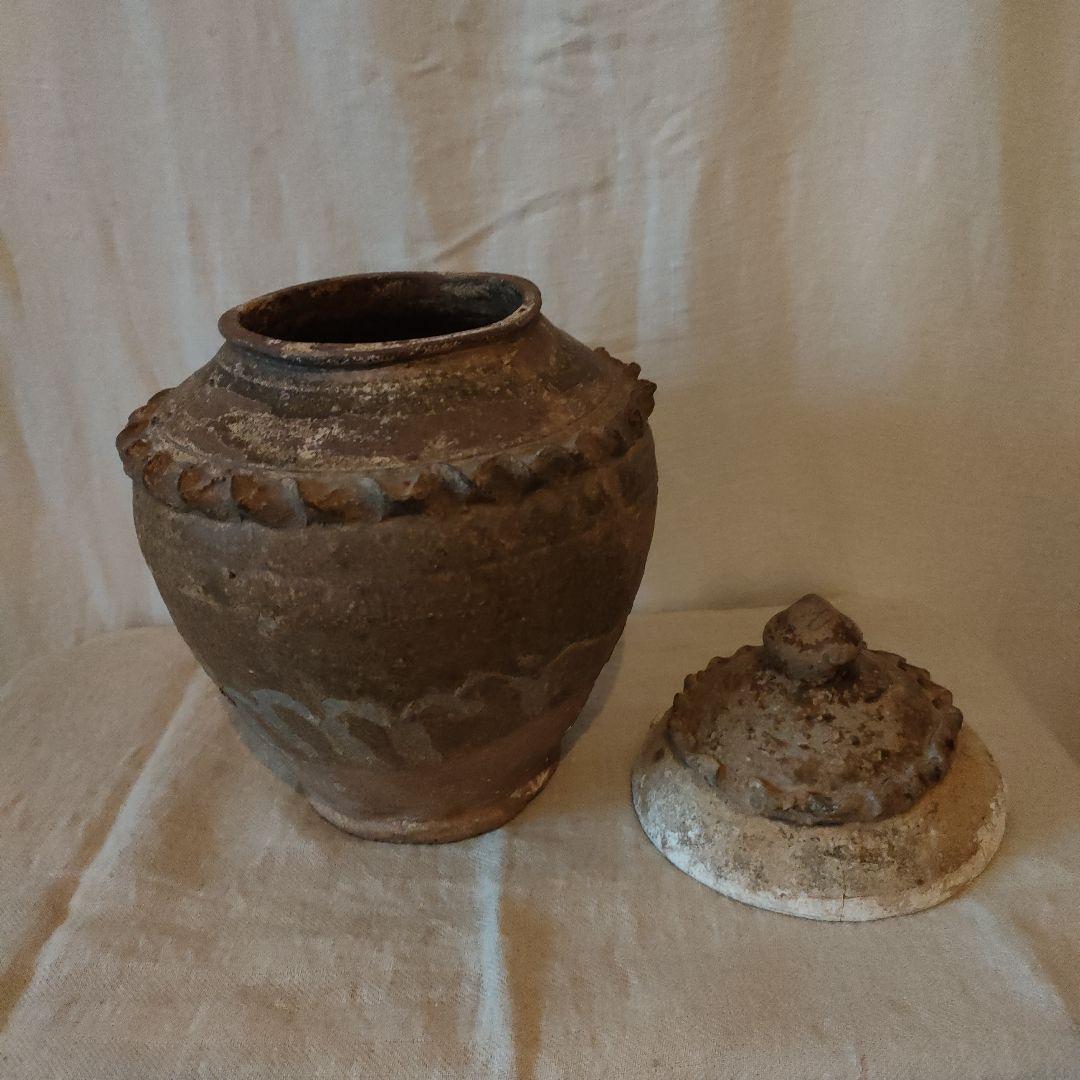 希少名品　中国古美術　灰陶蓋付き壺　プリミティブ