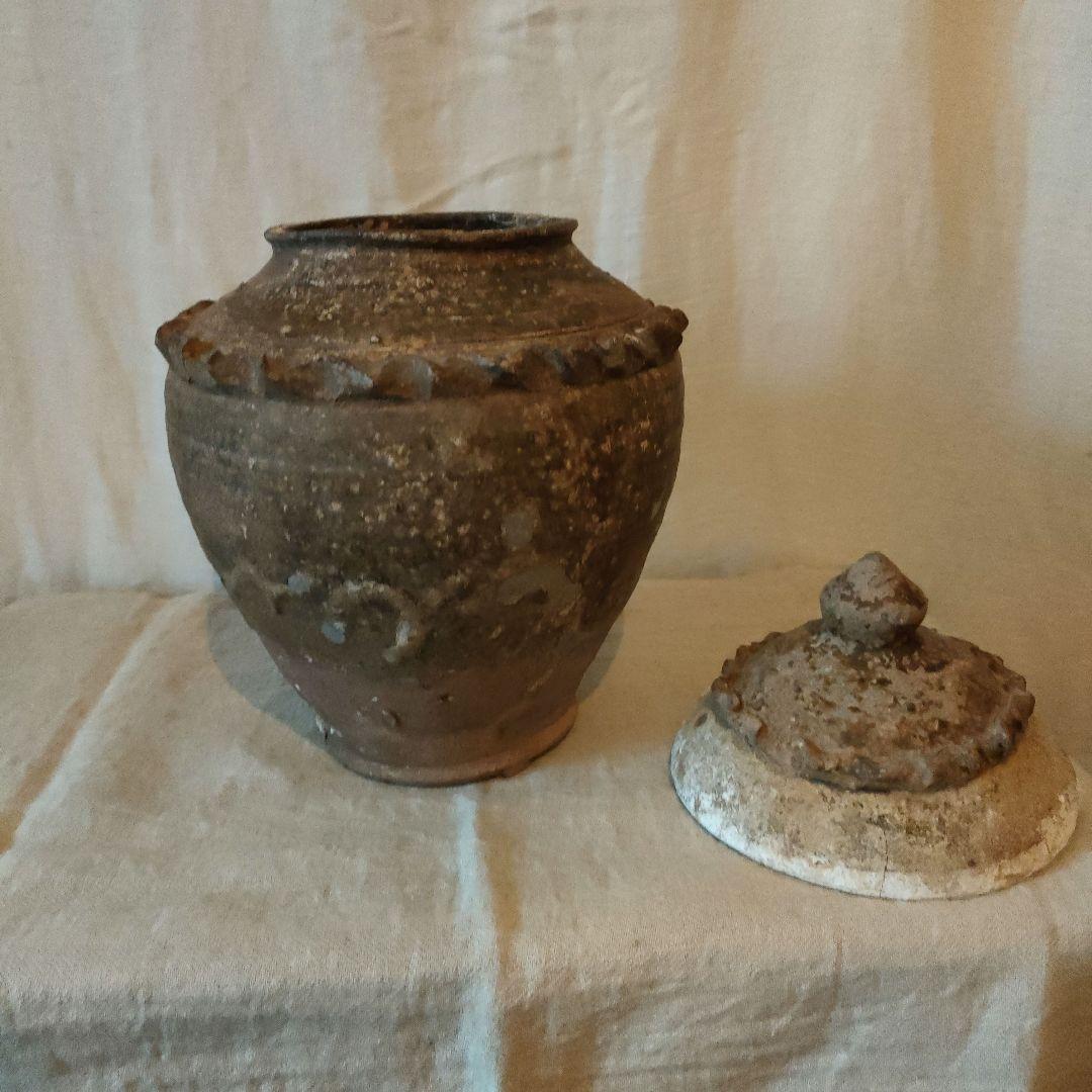 希少名品　中国古美術　灰陶蓋付き壺　プリミティブ