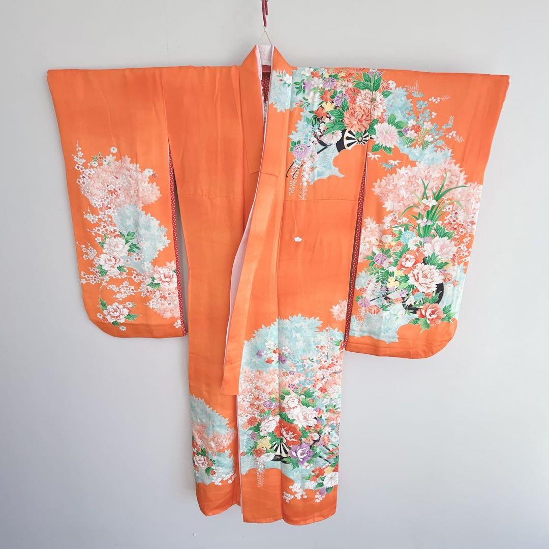 フルセット 七五三 7歳女の子 きもの　オレンジ色　牡丹　小物セット